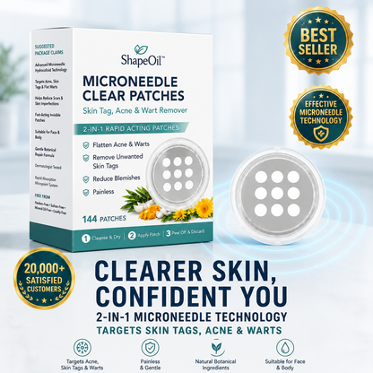 ✨ShapeOil®2-in-1 Microneedle & Hydrocolloid Patch🍀| Removes Raised Moles, Acne, Flat Warts & Skin Tags | Helps Improve Wrinkles, Scars & Blemishes | Invisible Patches for Face & Body
